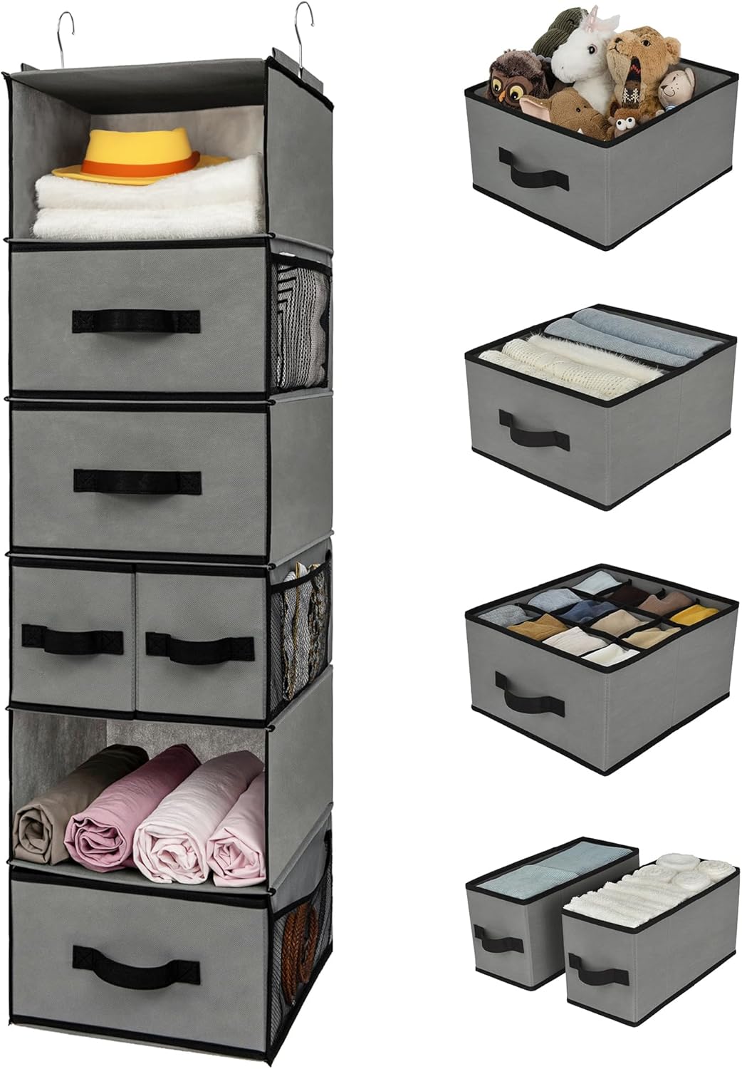 Hanging Closet Organizer, 5 Drawers, 6 Shelves, 6 Pockets, Gray