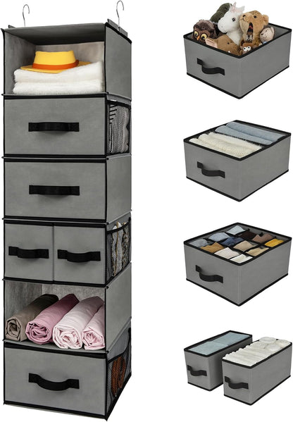 Hanging Closet Organizer, 5 Drawers, 6 Shelves, 6 Pockets, Gray