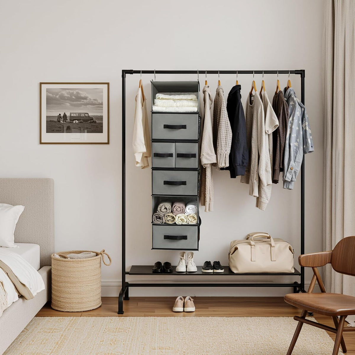 Hanging Closet Organizer, 5 Drawers, 6 Shelves, 6 Pockets, Gray