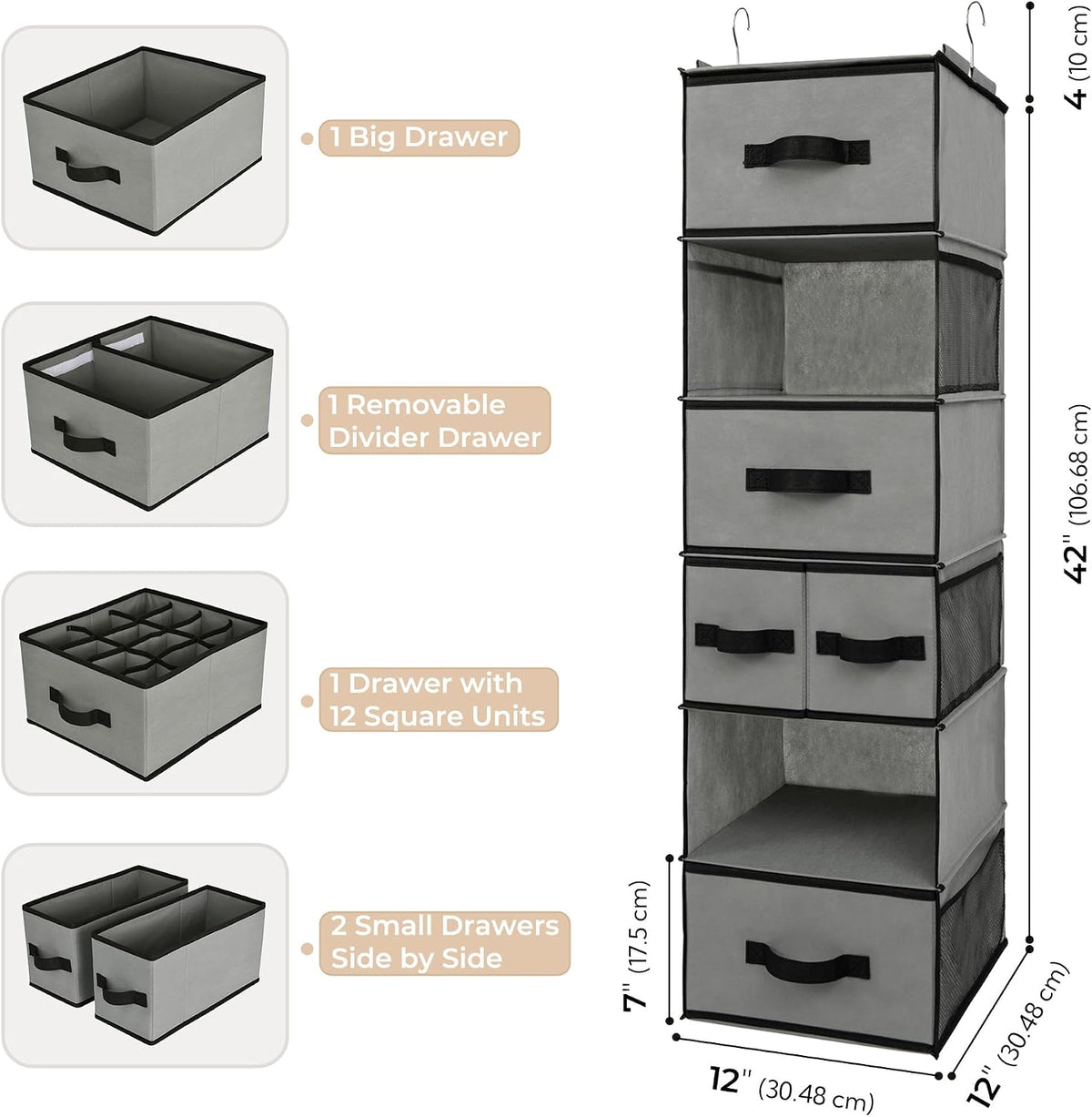Hanging Closet Organizer, 5 Drawers, 6 Shelves, 6 Pockets, Gray