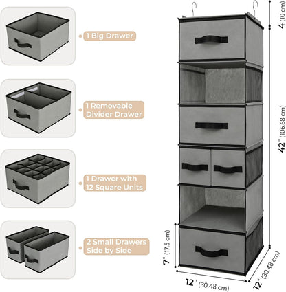 Hanging Closet Organizer, 5 Drawers, 6 Shelves, 6 Pockets, Gray