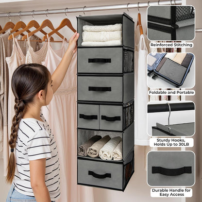Hanging Closet Organizer, 5 Drawers, 6 Shelves, 6 Pockets, Gray