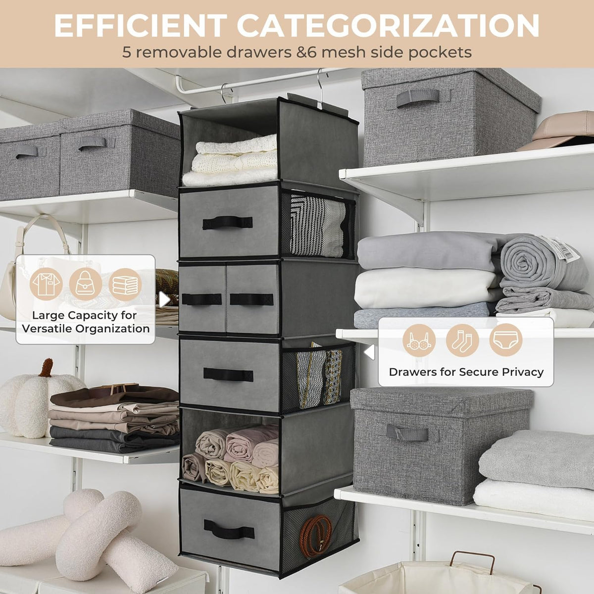 Hanging Closet Organizer, 5 Drawers, 6 Shelves, 6 Pockets, Gray