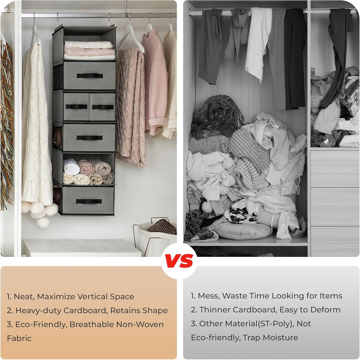 Hanging Closet Organizer, 5 Drawers, 6 Shelves, 6 Pockets, Gray