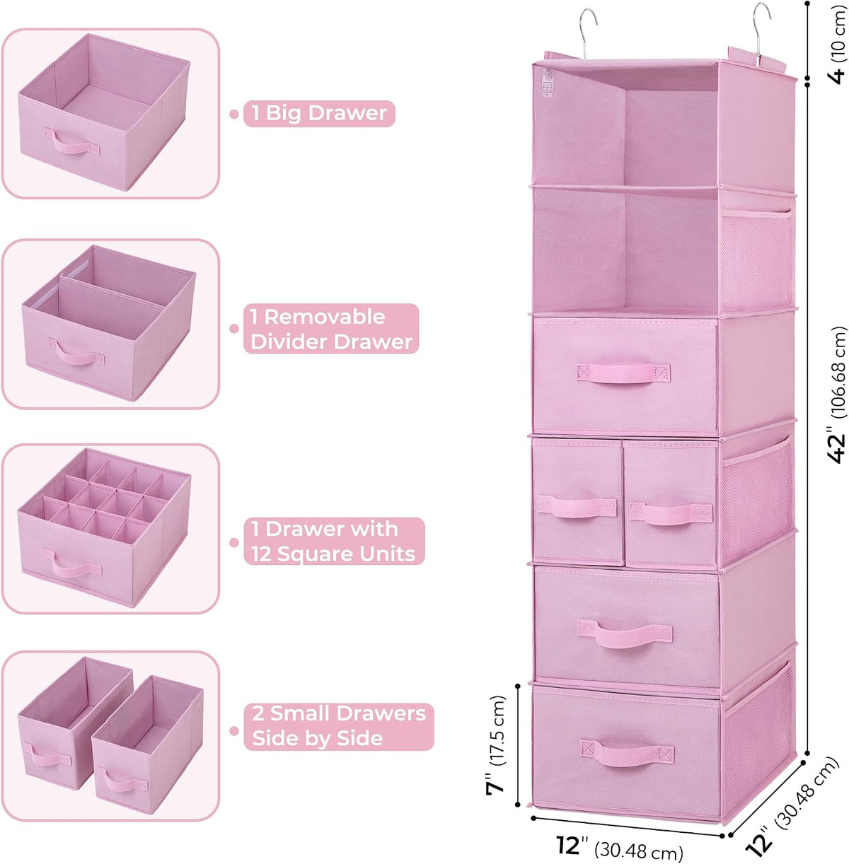 Hanging Closet Organizer, 5 Drawers, 6 Shelves, 6 Pockets, Gray