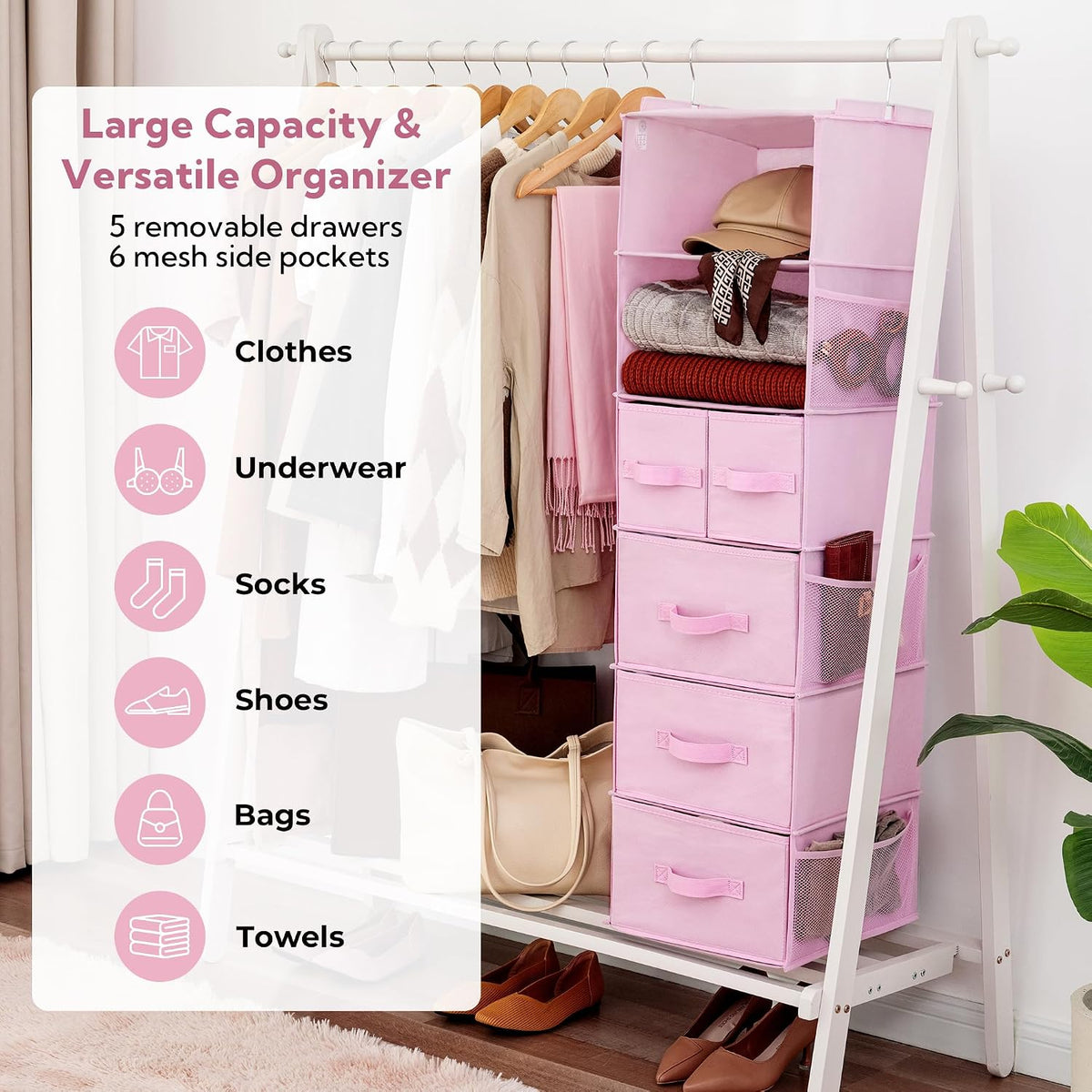 Hanging Closet Organizer, 5 Drawers, 6 Shelves, 6 Pockets, Gray