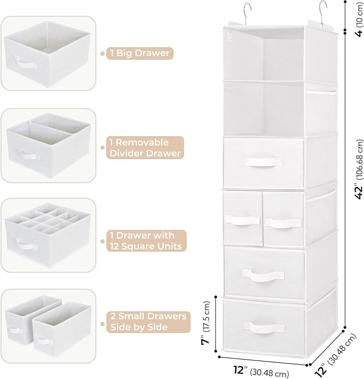 Hanging Closet Organizer, 5 Drawers, 6 Shelves, 6 Pockets, Gray