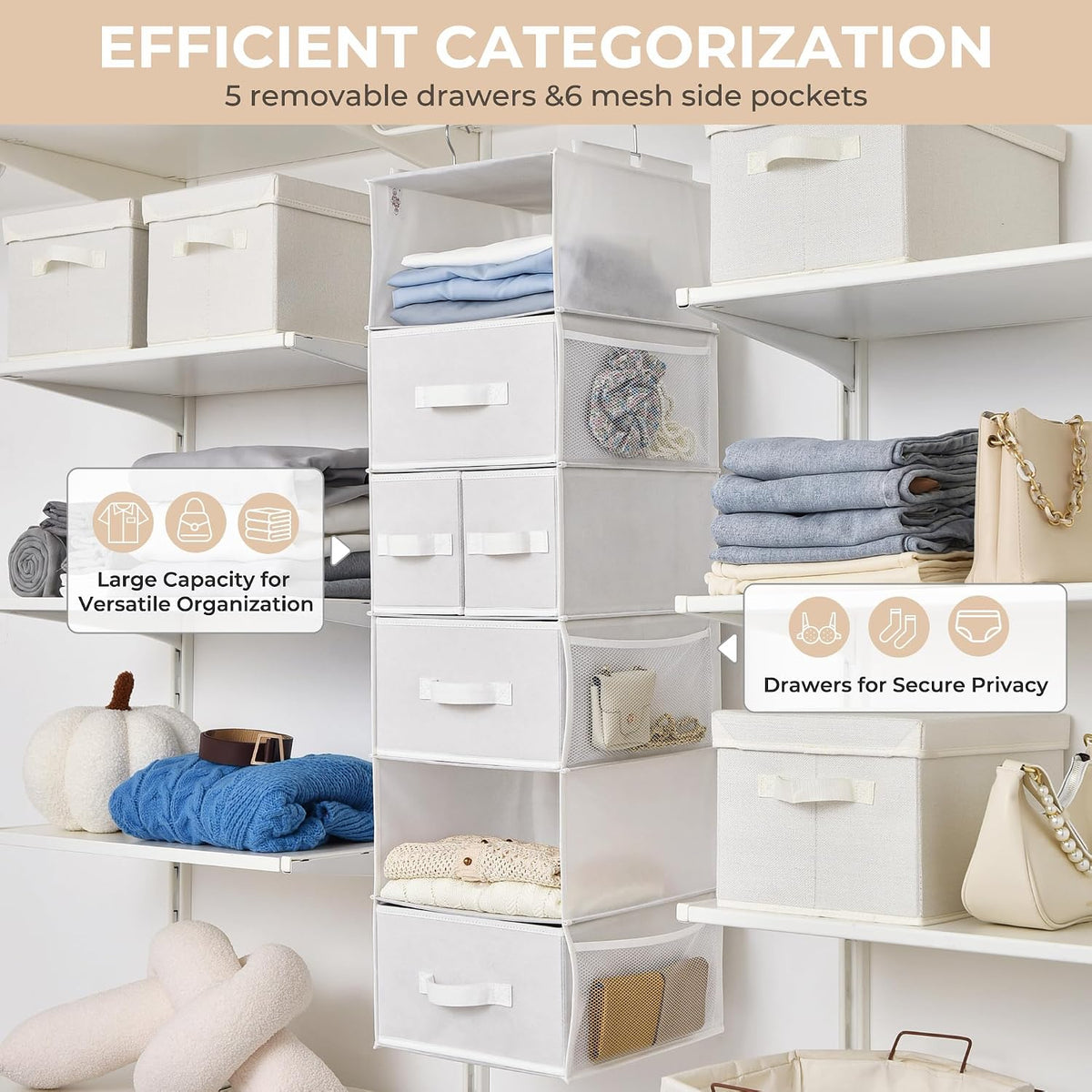 Hanging Closet Organizer, 5 Drawers, 6 Shelves, 6 Pockets, Gray
