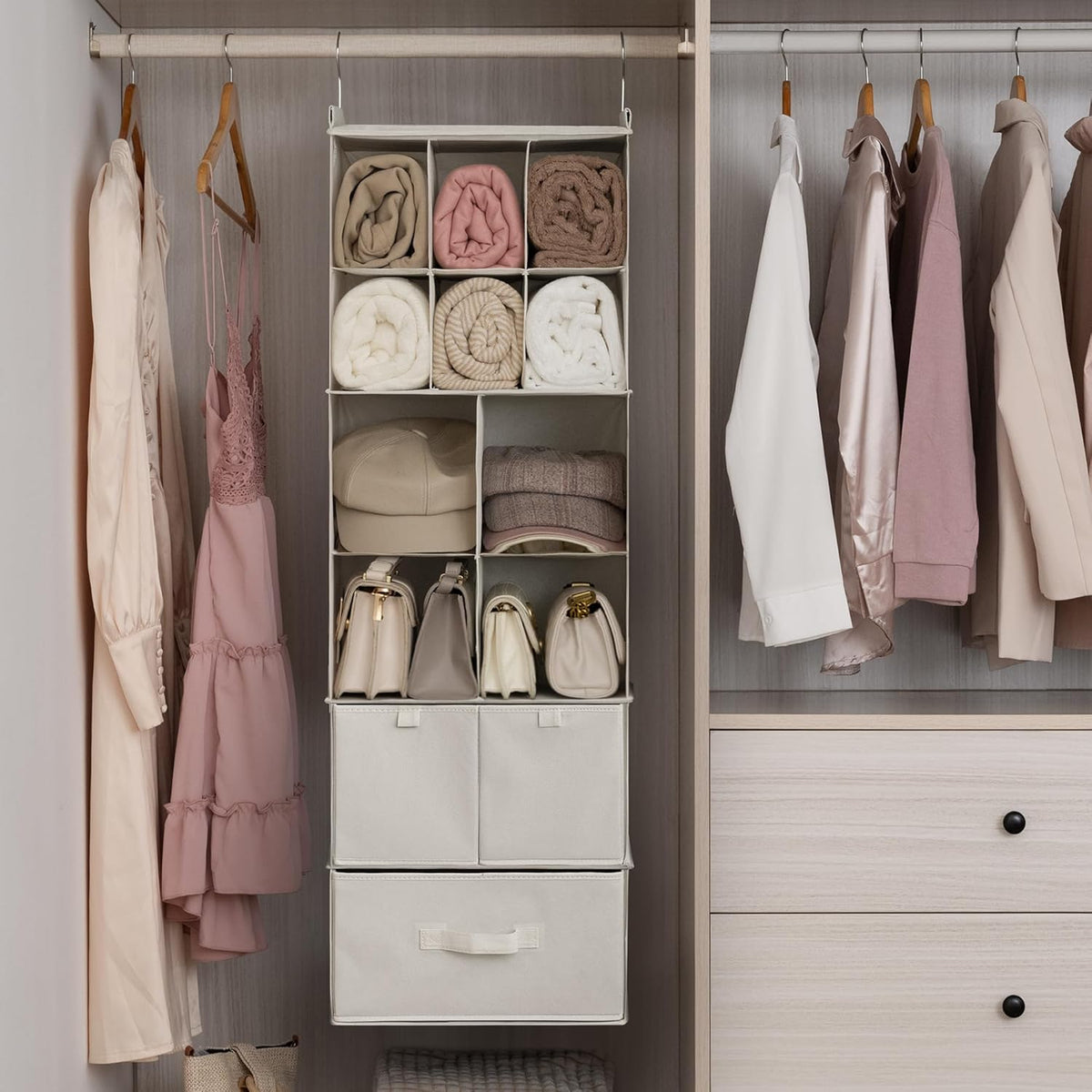 Hanging Closet Organizer, 5 Drawers, 6 Shelves, 6 Pockets, Gray