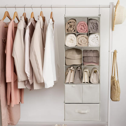 Hanging Closet Organizer, 5 Drawers, 6 Shelves, 6 Pockets, Gray