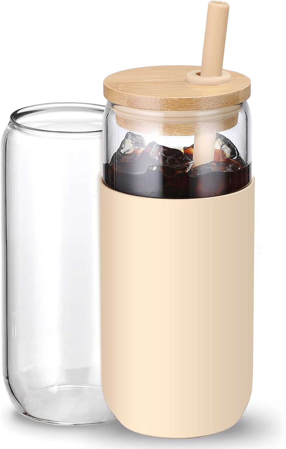 20oz Glass Water Tumbler with Silicone Protective Sleeve - Beer Shaped Glass Cups with Straw and Bamboo Lid, Iced Coffee Glasses, Cute Drinking Glasses for Water, Smoothie, Gift - Cambridge Blue