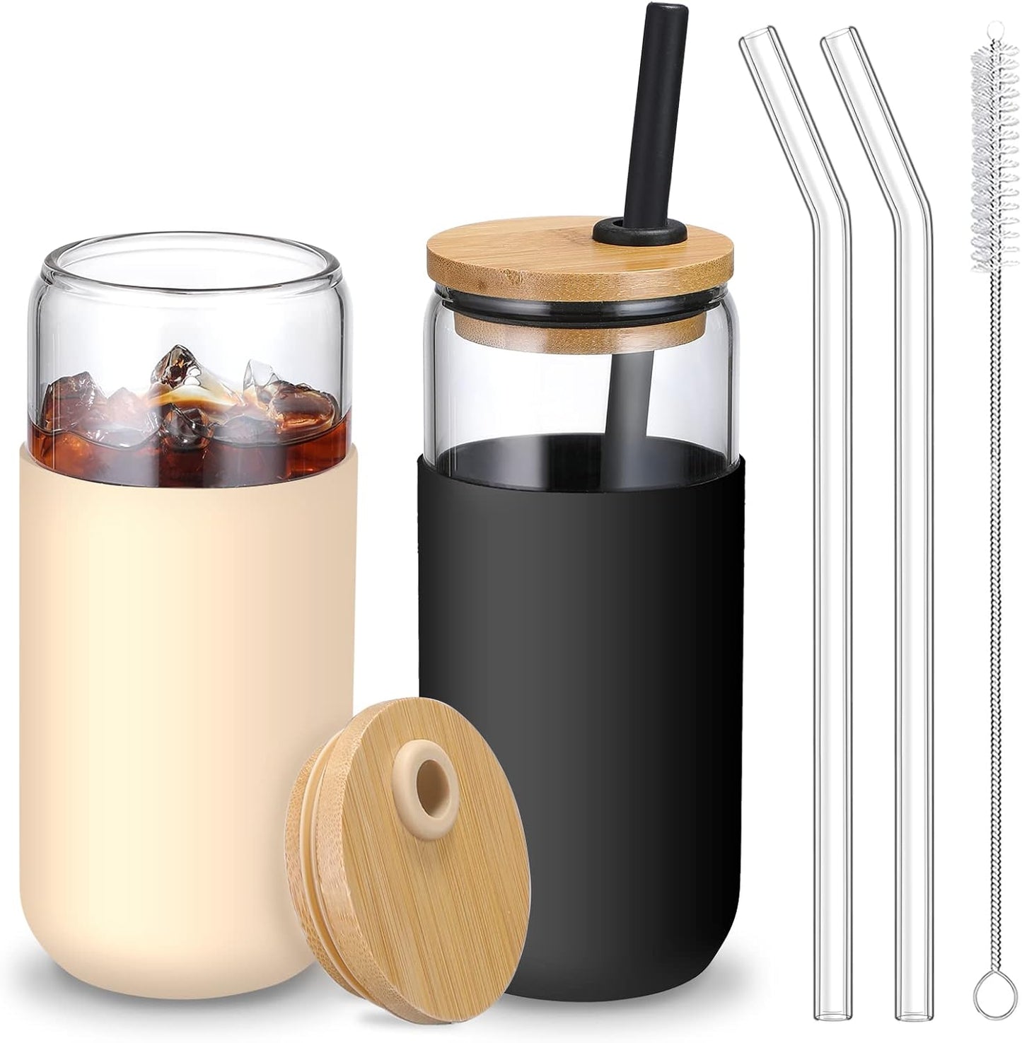20oz Glass Water Tumbler with Silicone Protective Sleeve - Beer Shaped Glass Cups with Straw and Bamboo Lid, Iced Coffee Glasses, Cute Drinking Glasses for Water, Smoothie, Gift - Cambridge Blue