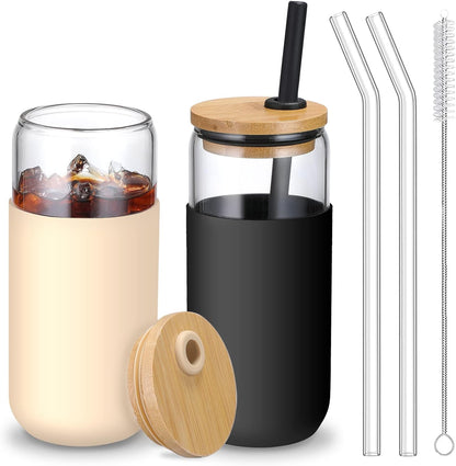20oz Glass Water Tumbler with Silicone Protective Sleeve - Beer Shaped Glass Cups with Straw and Bamboo Lid, Iced Coffee Glasses, Cute Drinking Glasses for Water, Smoothie, Gift - Cambridge Blue