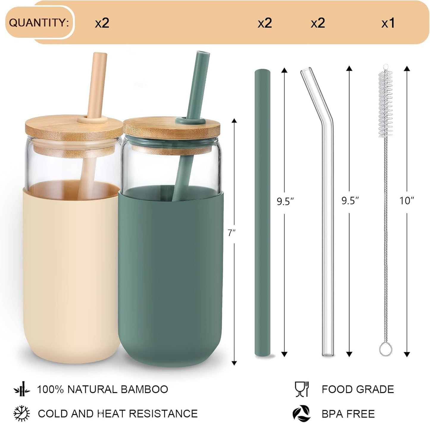 20oz Glass Water Tumbler with Silicone Protective Sleeve - Beer Shaped Glass Cups with Straw and Bamboo Lid, Iced Coffee Glasses, Cute Drinking Glasses for Water, Smoothie, Gift - Cambridge Blue