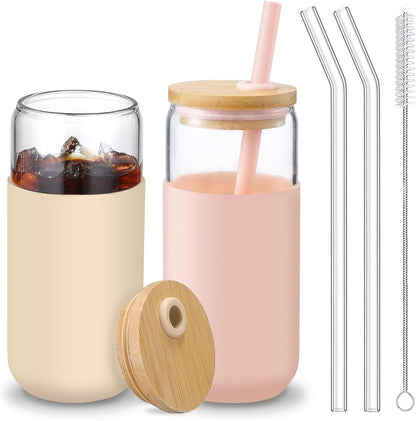 20oz Glass Water Tumbler with Silicone Protective Sleeve - Beer Shaped Glass Cups with Straw and Bamboo Lid, Iced Coffee Glasses, Cute Drinking Glasses for Water, Smoothie, Gift - Cambridge Blue