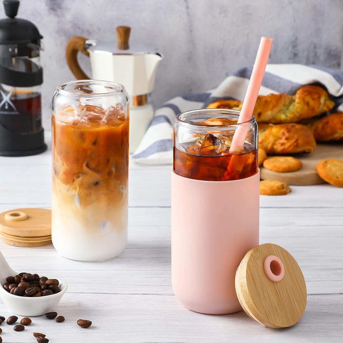 20oz Glass Water Tumbler with Silicone Protective Sleeve - Beer Shaped Glass Cups with Straw and Bamboo Lid, Iced Coffee Glasses, Cute Drinking Glasses for Water, Smoothie, Gift - Cambridge Blue