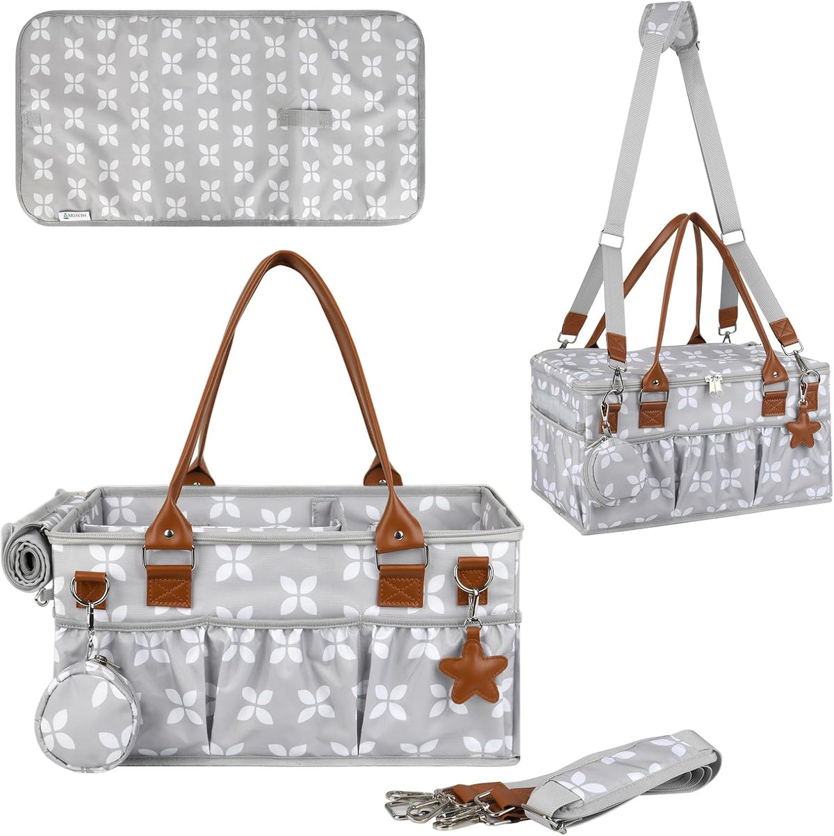 Diaper Caddy with Changing Mat, Large Baby Diaper Caddy Organizer with Lid, Portable Organizer Basket for Baby Essentials, Roll-Up Lid, Built-In Changing Mat Pocket