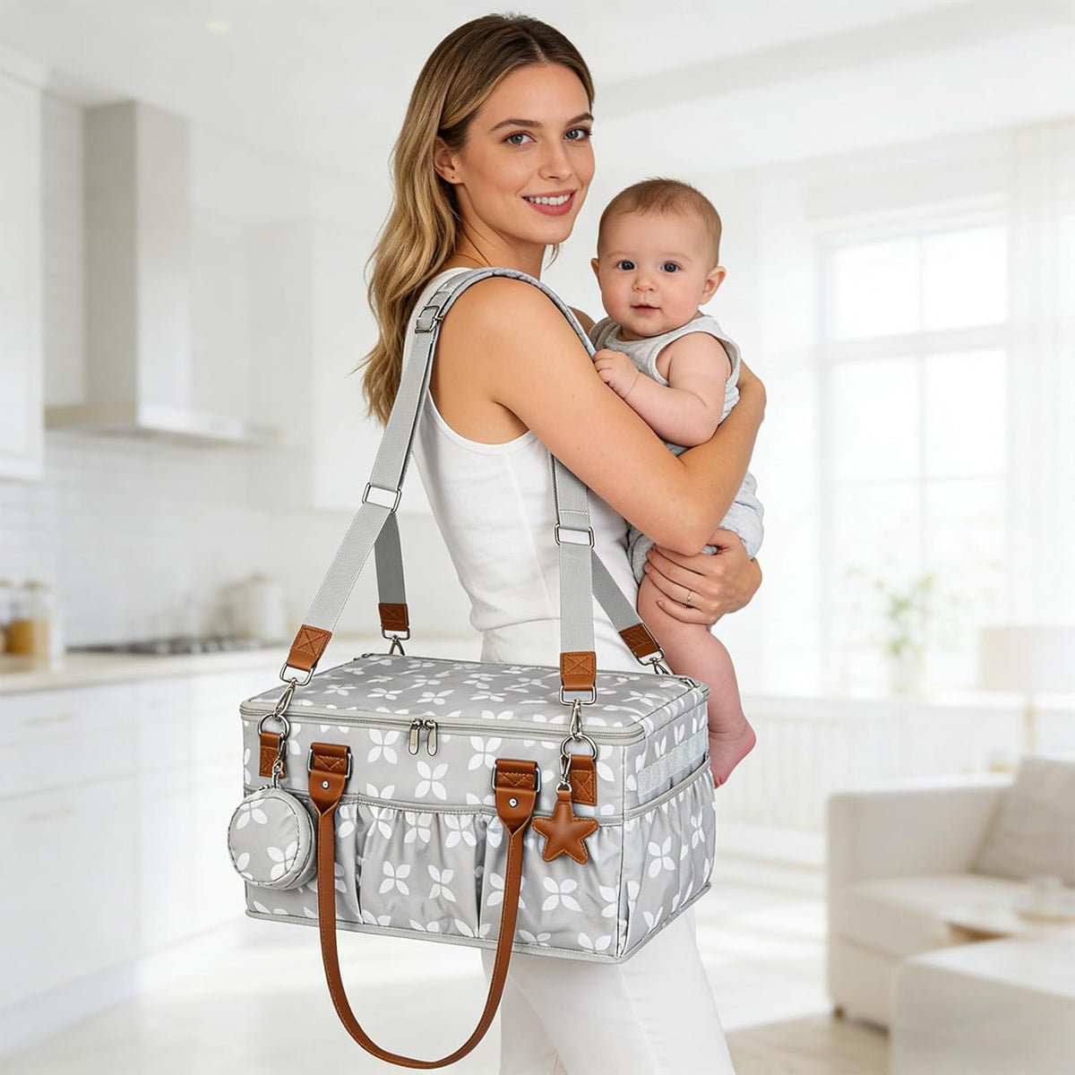 Diaper Caddy with Changing Mat, Large Baby Diaper Caddy Organizer with Lid, Portable Organizer Basket for Baby Essentials, Roll-Up Lid, Built-In Changing Mat Pocket