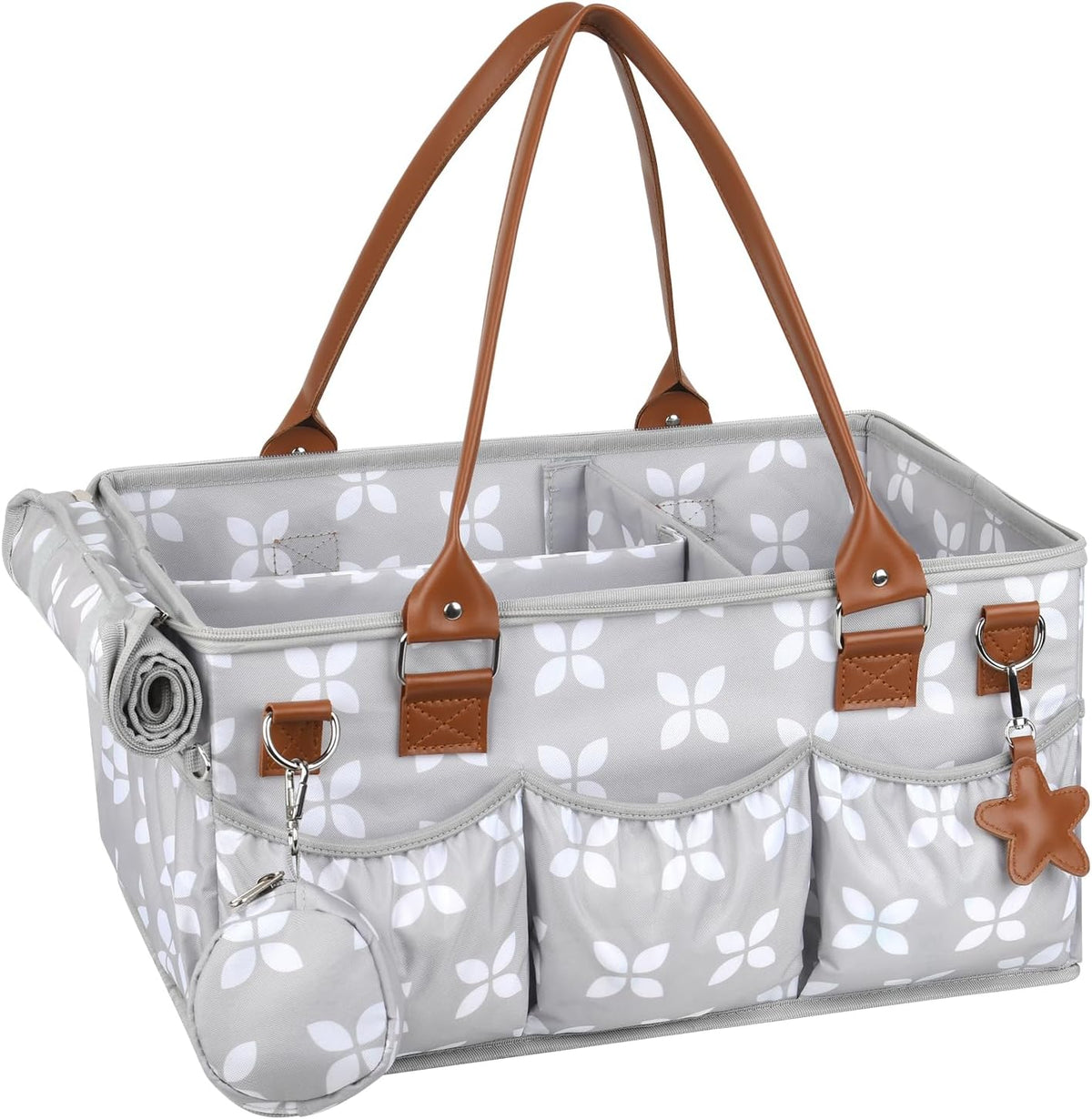 Diaper Caddy with Changing Mat, Large Baby Diaper Caddy Organizer with Lid, Portable Organizer Basket for Baby Essentials, Roll-Up Lid, Built-In Changing Mat Pocket