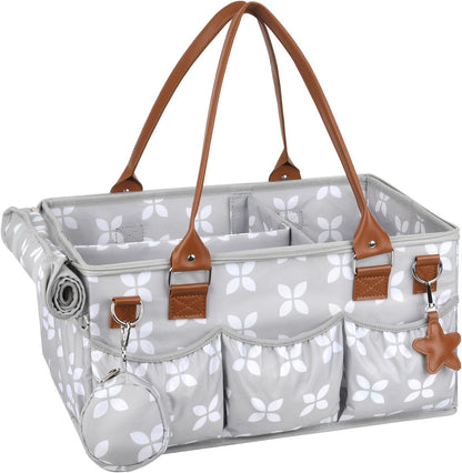 Diaper Caddy with Changing Mat, Large Baby Diaper Caddy Organizer with Lid, Portable Organizer Basket for Baby Essentials, Roll-Up Lid, Built-In Changing Mat Pocket