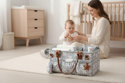 Diaper Caddy with Changing Mat, Large Baby Diaper Caddy Organizer with Lid, Portable Organizer Basket for Baby Essentials, Roll-Up Lid, Built-In Changing Mat Pocket