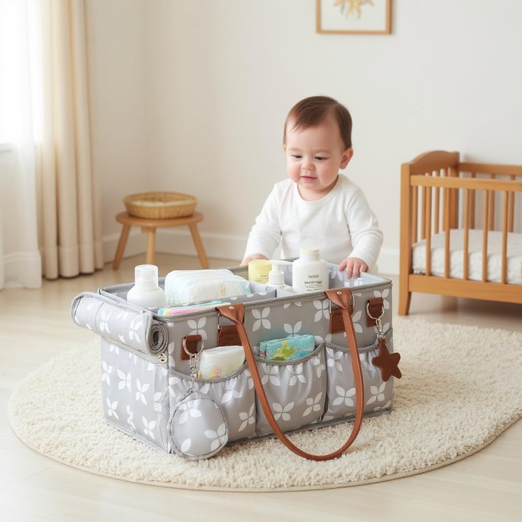 Diaper Caddy with Changing Mat, Large Baby Diaper Caddy Organizer with Lid, Portable Organizer Basket for Baby Essentials, Roll-Up Lid, Built-In Changing Mat Pocket
