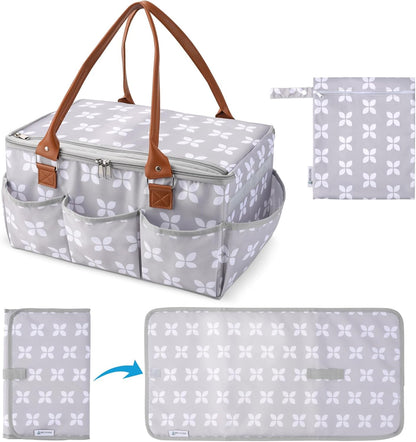 Diaper Caddy with Changing Mat, Large Baby Diaper Caddy Organizer with Lid, Portable Organizer Basket for Baby Essentials, Roll-Up Lid, Built-In Changing Mat Pocket