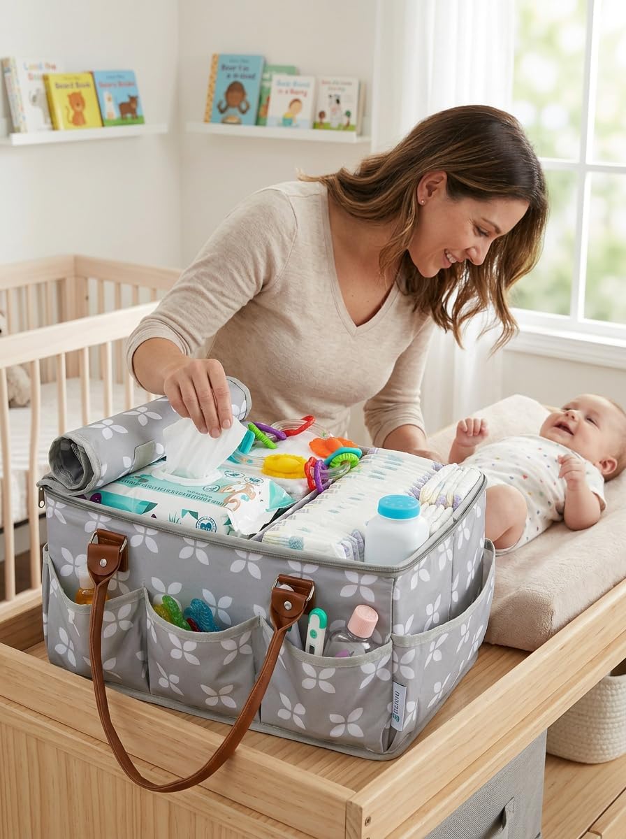 Diaper Caddy with Changing Mat, Large Baby Diaper Caddy Organizer with Lid, Portable Organizer Basket for Baby Essentials, Roll-Up Lid, Built-In Changing Mat Pocket