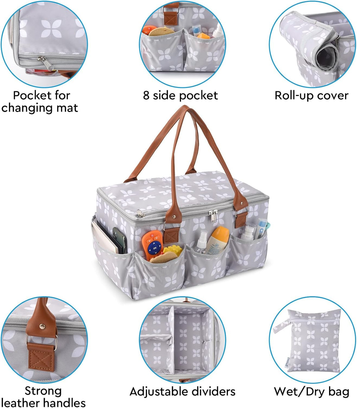 Diaper Caddy with Changing Mat, Large Baby Diaper Caddy Organizer with Lid, Portable Organizer Basket for Baby Essentials, Roll-Up Lid, Built-In Changing Mat Pocket