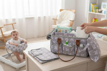 Diaper Caddy with Changing Mat, Large Baby Diaper Caddy Organizer with Lid, Portable Organizer Basket for Baby Essentials, Roll-Up Lid, Built-In Changing Mat Pocket
