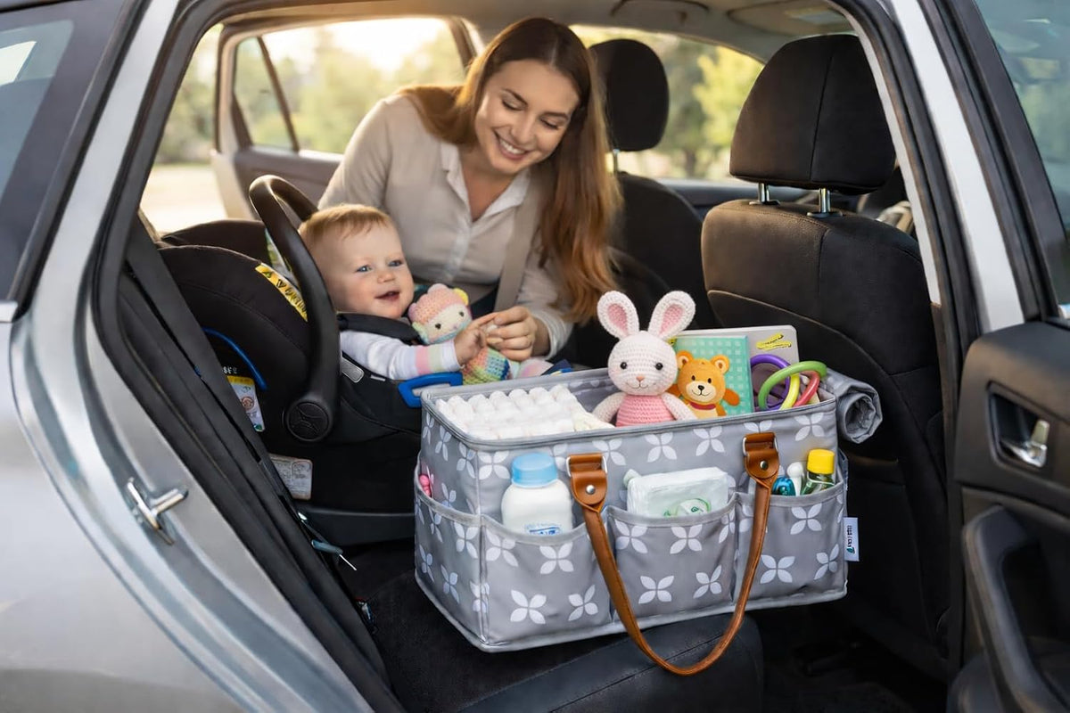 Diaper Caddy with Changing Mat, Large Baby Diaper Caddy Organizer with Lid, Portable Organizer Basket for Baby Essentials, Roll-Up Lid, Built-In Changing Mat Pocket