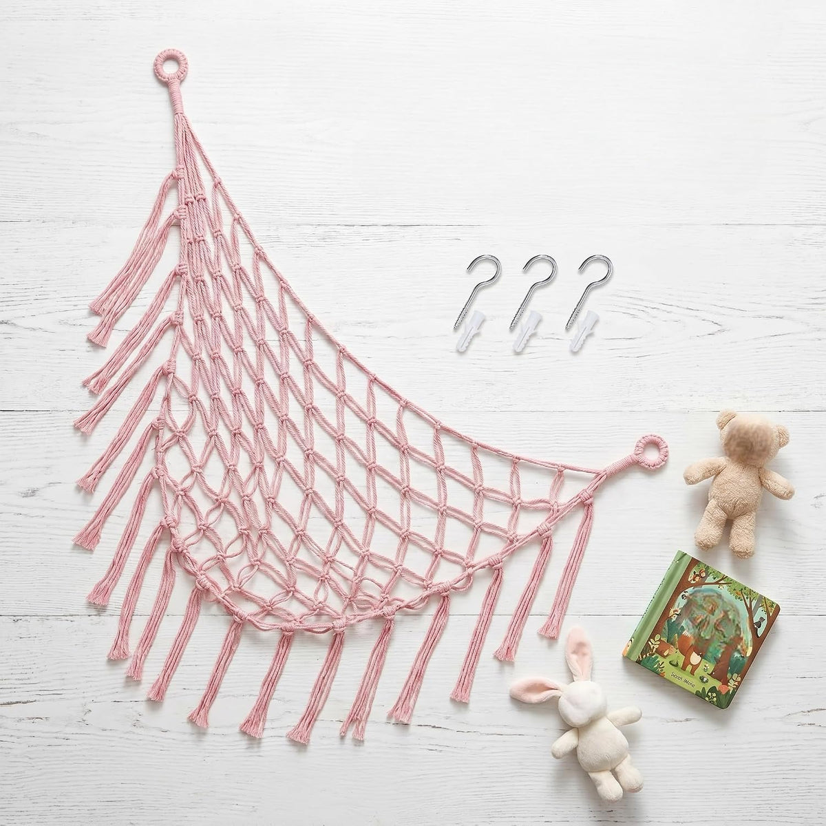 Stuffed Animal Storage Hammock Corner Net, Large Macrame Stuffed Animal Organizer Holder, Cotton Hanging Toy Hammock for Plush Toys, Boho Nursery Girls Bedroom Dorm Room Decor, Pink