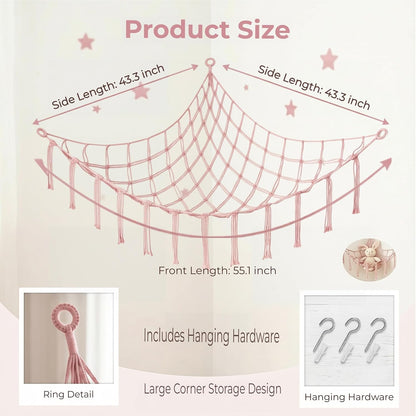 Stuffed Animal Storage Hammock Corner Net, Large Macrame Stuffed Animal Organizer Holder, Cotton Hanging Toy Hammock for Plush Toys, Boho Nursery Girls Bedroom Dorm Room Decor, Pink