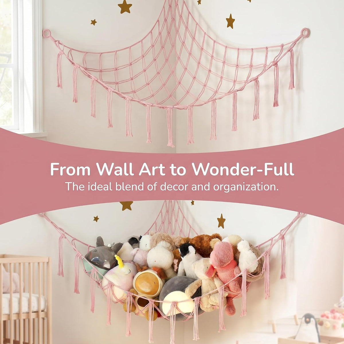 Stuffed Animal Storage Hammock Corner Net, Large Macrame Stuffed Animal Organizer Holder, Cotton Hanging Toy Hammock for Plush Toys, Boho Nursery Girls Bedroom Dorm Room Decor, Pink