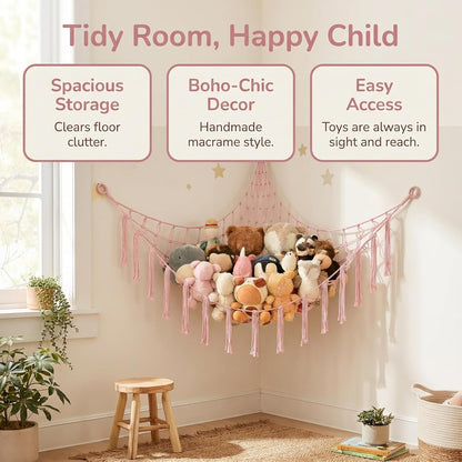 Stuffed Animal Storage Hammock Corner Net, Large Macrame Stuffed Animal Organizer Holder, Cotton Hanging Toy Hammock for Plush Toys, Boho Nursery Girls Bedroom Dorm Room Decor, Pink