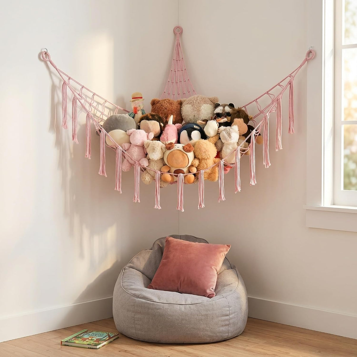 Stuffed Animal Storage Hammock Corner Net, Large Macrame Stuffed Animal Organizer Holder, Cotton Hanging Toy Hammock for Plush Toys, Boho Nursery Girls Bedroom Dorm Room Decor, Pink