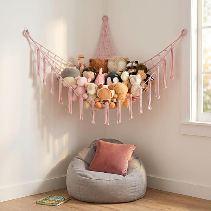 Stuffed Animal Storage Hammock Corner Net, Large Macrame Stuffed Animal Organizer Holder, Cotton Hanging Toy Hammock for Plush Toys, Boho Nursery Girls Bedroom Dorm Room Decor, Pink