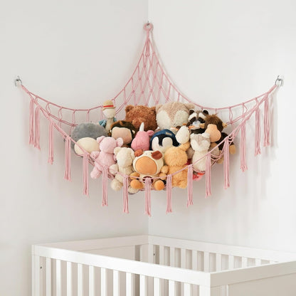 Stuffed Animal Storage Hammock Corner Net, Large Macrame Stuffed Animal Organizer Holder, Cotton Hanging Toy Hammock for Plush Toys, Boho Nursery Girls Bedroom Dorm Room Decor, Pink