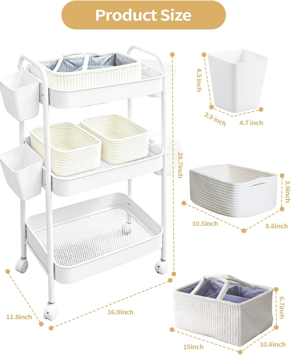 3 Tier Rolling Cart Organizer with Wheels, Metal Utility Storage Cart for Nursery, Bathroom, Kitchen, Craft Room & Laundry Room, Includes Hanging Baskets and Rope Storage Bin, White