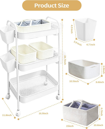 3 Tier Rolling Cart Organizer with Wheels, Metal Utility Storage Cart for Nursery, Bathroom, Kitchen, Craft Room & Laundry Room, Includes Hanging Baskets and Rope Storage Bin, White