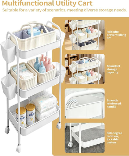 3 Tier Rolling Cart Organizer with Wheels, Metal Utility Storage Cart for Nursery, Bathroom, Kitchen, Craft Room & Laundry Room, Includes Hanging Baskets and Rope Storage Bin, White