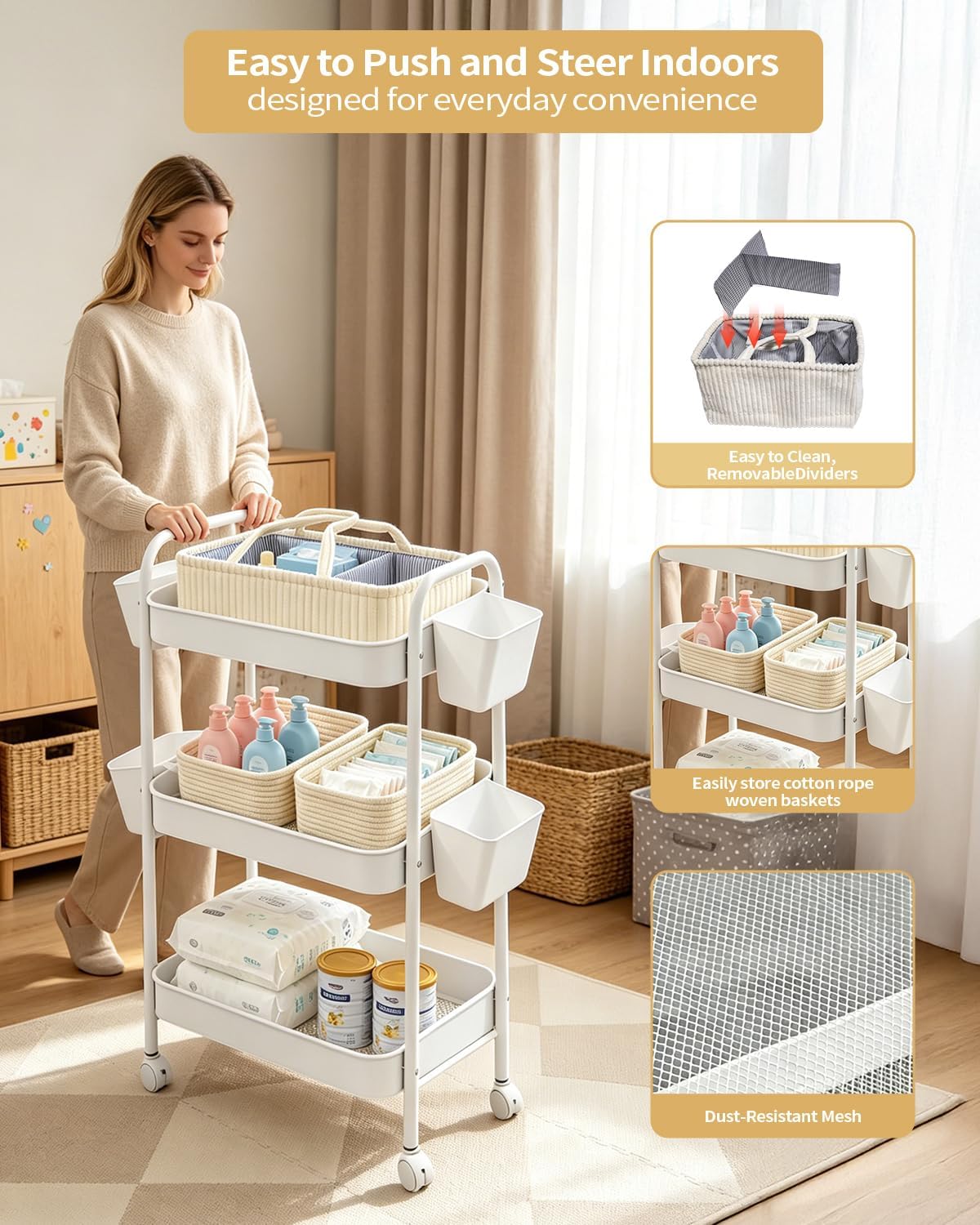 3 Tier Rolling Cart Organizer with Wheels, Metal Utility Storage Cart for Nursery, Bathroom, Kitchen, Craft Room & Laundry Room, Includes Hanging Baskets and Rope Storage Bin, White