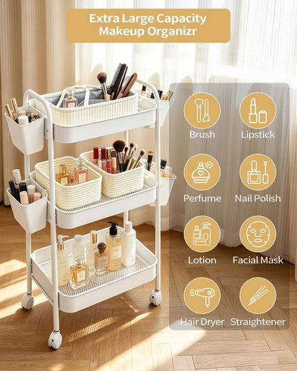 3 Tier Rolling Cart Organizer with Wheels, Metal Utility Storage Cart for Nursery, Bathroom, Kitchen, Craft Room & Laundry Room, Includes Hanging Baskets and Rope Storage Bin, White