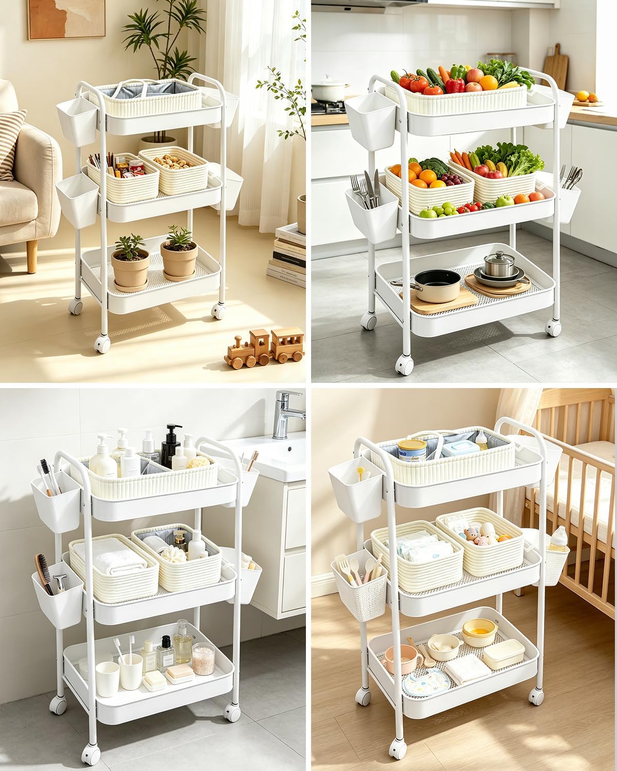 3 Tier Rolling Cart Organizer with Wheels, Metal Utility Storage Cart for Nursery, Bathroom, Kitchen, Craft Room & Laundry Room, Includes Hanging Baskets and Rope Storage Bin, White