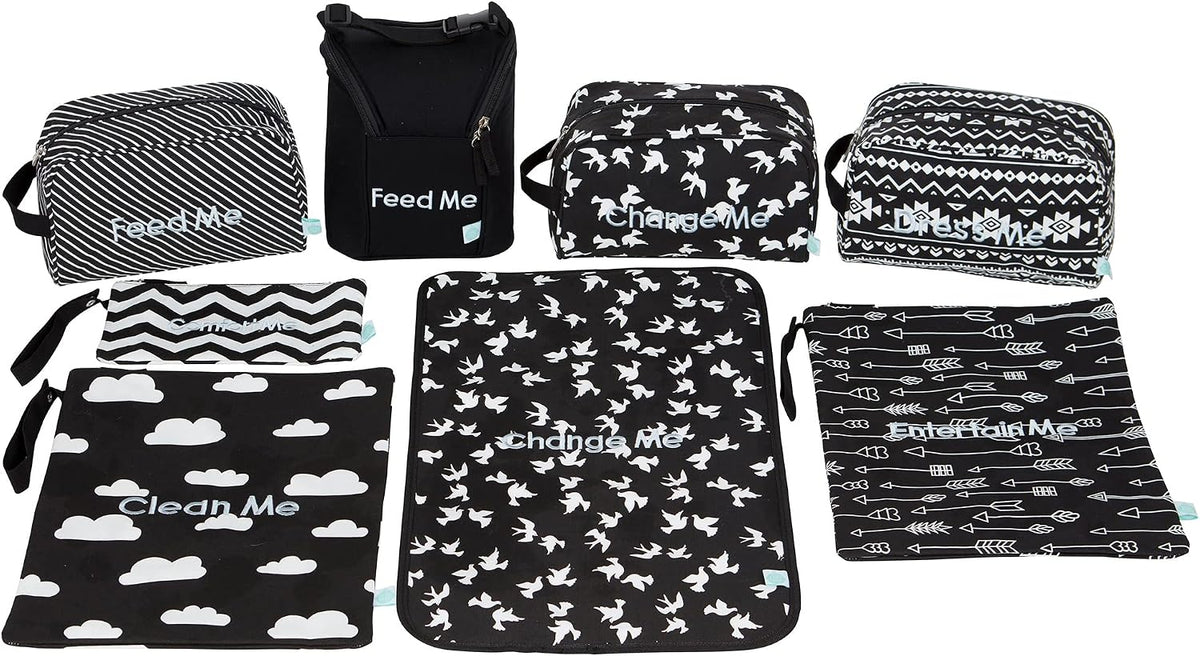 Diaper, Bottle, and Supplies - Organizer Pouches and Changing Pad - Change, Feed, Dress, and Clean Me (8 Pack Laguna) | Organizing Packing Tote Cubes for Baby Items