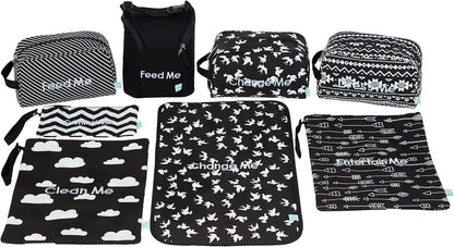 Diaper, Bottle, and Supplies - Organizer Pouches and Changing Pad - Change, Feed, Dress, and Clean Me (8 Pack Laguna) | Organizing Packing Tote Cubes for Baby Items