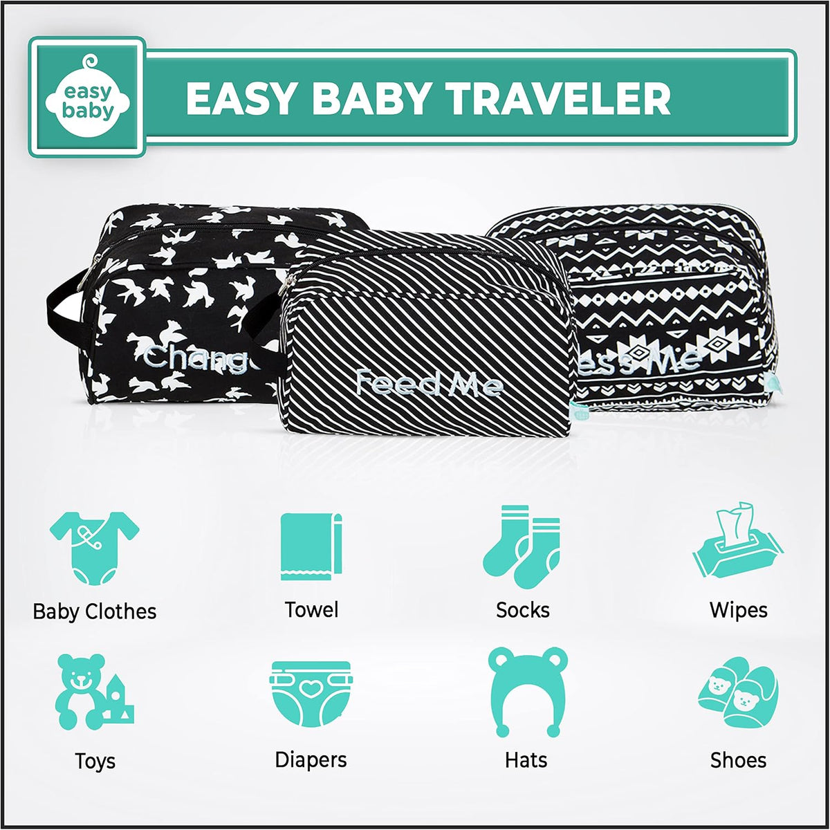 Diaper, Bottle, and Supplies - Organizer Pouches and Changing Pad - Change, Feed, Dress, and Clean Me (8 Pack Laguna) | Organizing Packing Tote Cubes for Baby Items