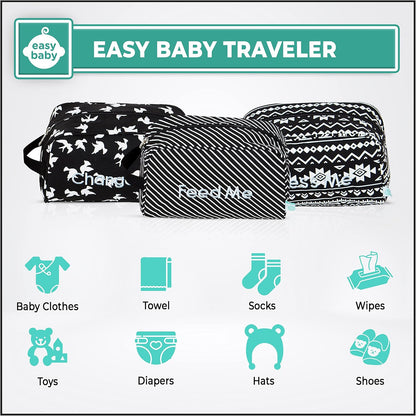 Diaper, Bottle, and Supplies - Organizer Pouches and Changing Pad - Change, Feed, Dress, and Clean Me (8 Pack Laguna) | Organizing Packing Tote Cubes for Baby Items