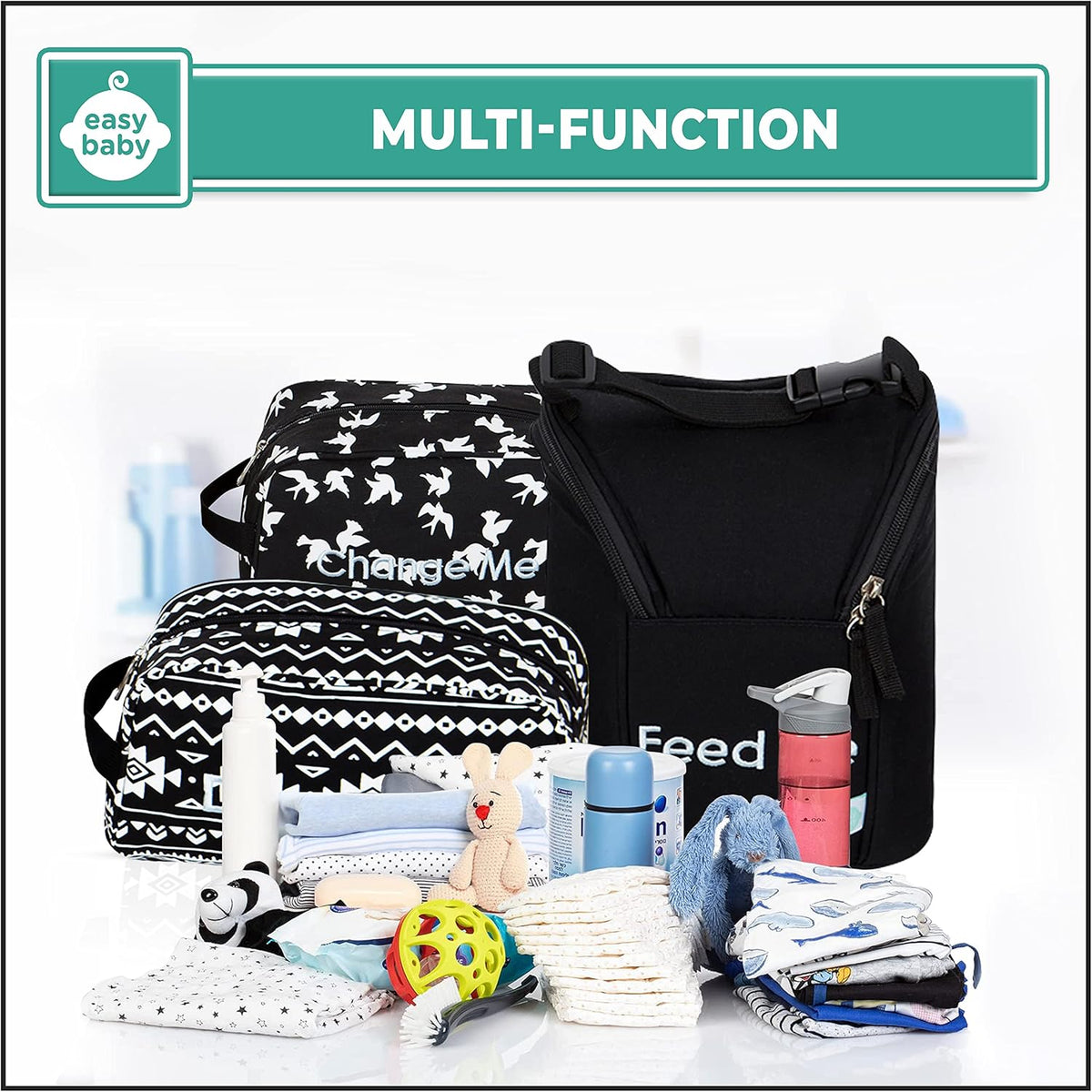 Diaper, Bottle, and Supplies - Organizer Pouches and Changing Pad - Change, Feed, Dress, and Clean Me (8 Pack Laguna) | Organizing Packing Tote Cubes for Baby Items