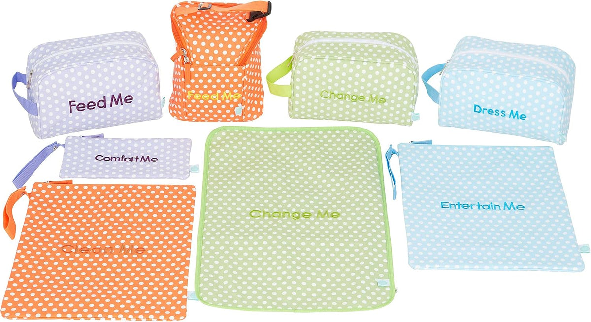 Diaper, Bottle, and Supplies - Organizer Pouches and Changing Pad - Change, Feed, Dress, and Clean Me (8 Pack Laguna) | Organizing Packing Tote Cubes for Baby Items